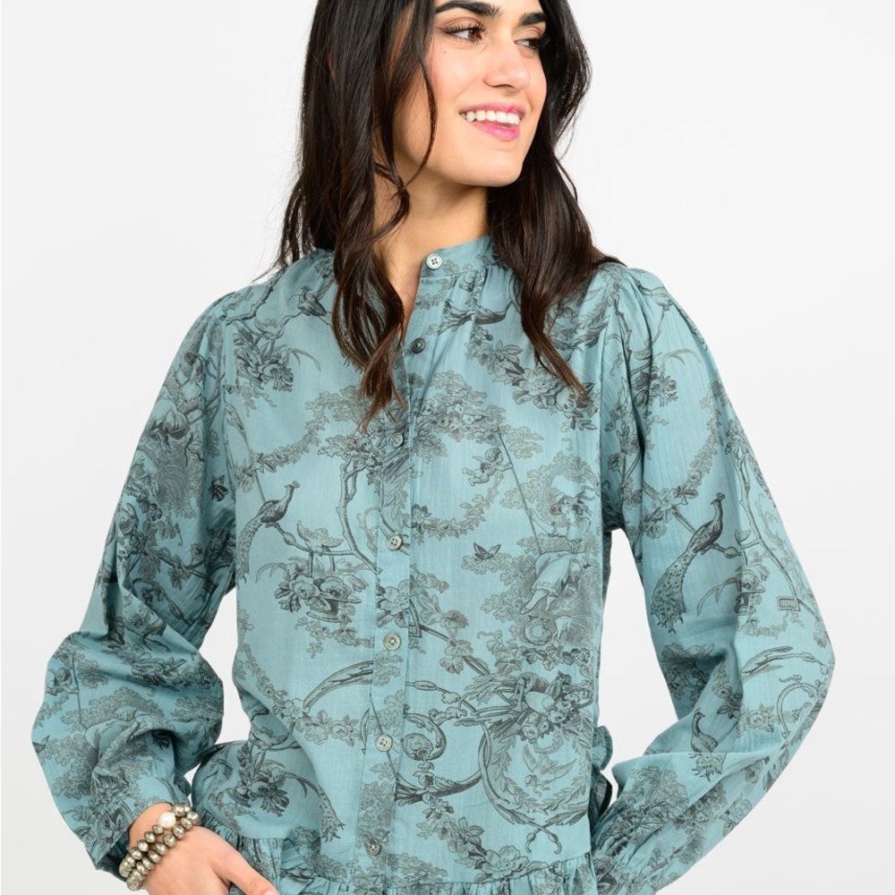 Ivy‎ Jane Toile Print Cotton Blouse Ruffle Hem Small